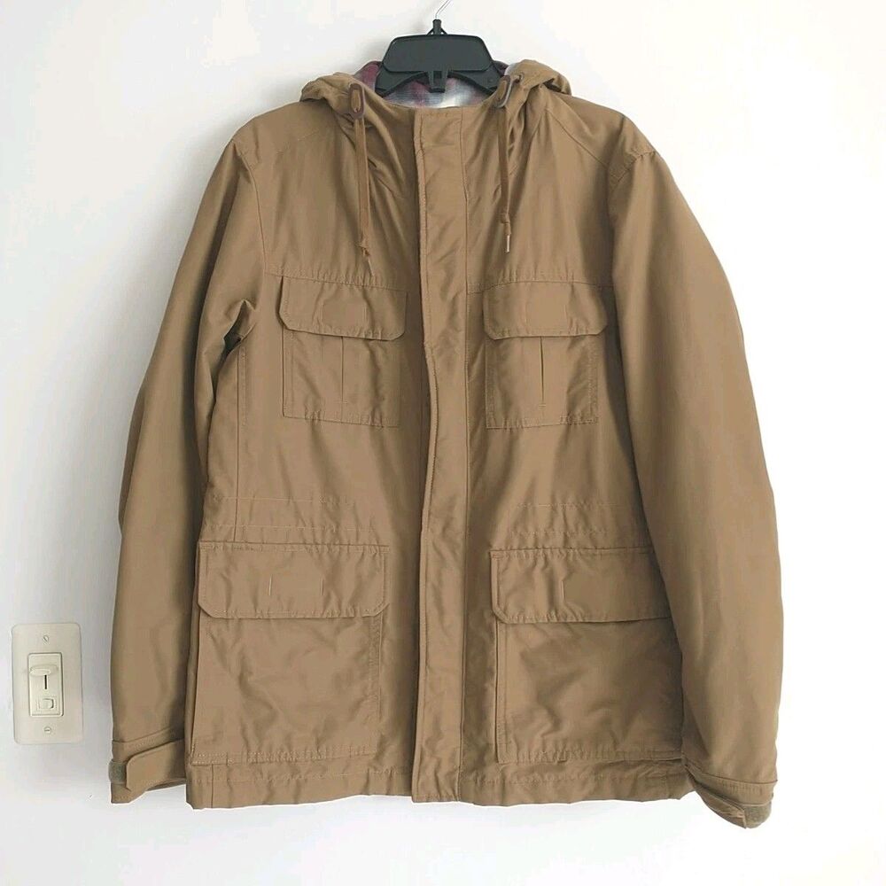 Uniqlo Chore Coat Field Jacket Mens M Tan Full Zip Hooded Lined Utility 4 Pocket